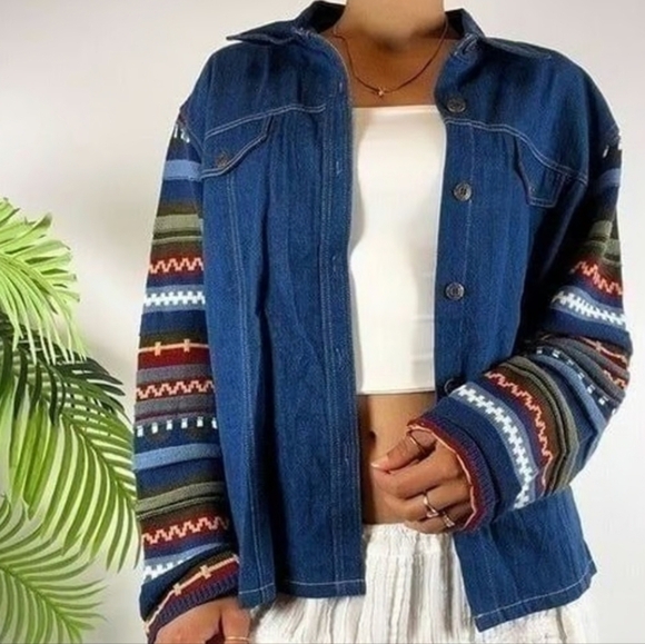 Vintage KORET Jean shirt/jacket with Knit wool printed sleeves and back. Size M - Picture 11 of 11